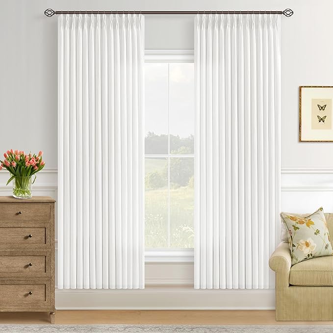 Ivory White Pinch Pleated Semi Sheer Linen Curtains 72 Inch Long | Off White, Light Filtering, Privacy, Bedroom, Bay Window, Classroom, Burlap Textured, Memory Shape, Hook Rings, Boho, Modern