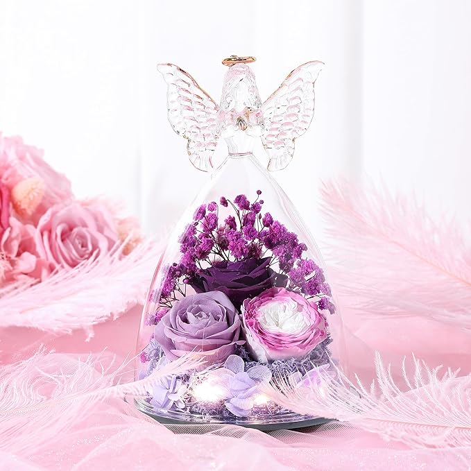 Mothers Day Rose Gifts for Women Preserved Real Flower in Glass Angel Figurines Roses for Delivery Prime Birthday Gifts for Mom Grandma Girlfriend Wife Her, Colorful Purple