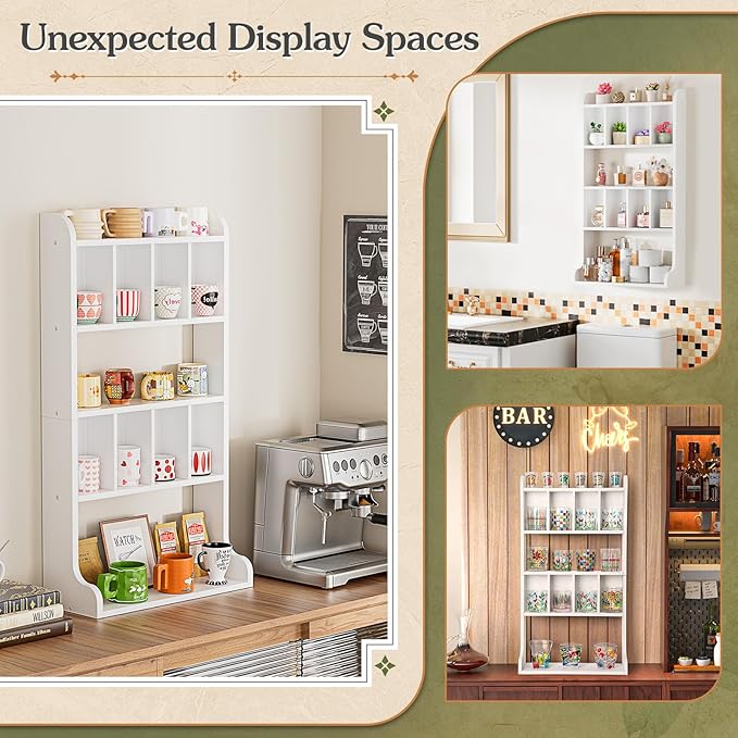 Keebofly Perfume Organizer Wall Mount & Large Cologne Display Case - Wooden Multi-Tier Trinket Shelf for Fragrances, Collectibles, Figures, Miniatures, Cosmetics and Shot Glasses, White