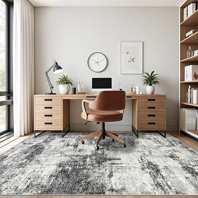 Washable Rug 6x9 Area Rugs: Soft Large Living Room Rug with Anti-Slip Backing Non-Shedding Stain-Resistant Modern Abstract Carpet for Bedroom Dining Room Nursery Home Office-Black