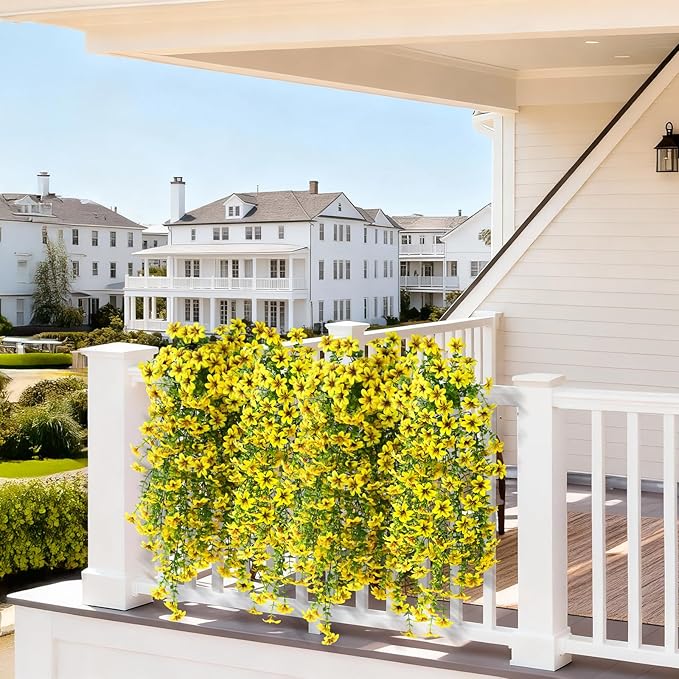 ZFProcess Artificial Hanging Flowers Plants for Outdoor Spring Summer Decoration, 2PCS Faux Silk Daisy UV Resistant Look Real for Outside Home Indoor Planter Porch Garden Yard Decor(Yellow)