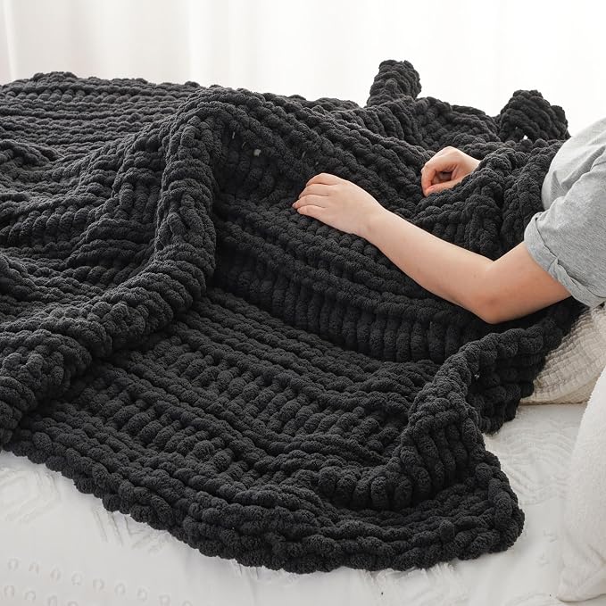 Battilo Chunky Knit Throw Blanket for Couch, 50"x60", Charcoal | Hand Knit, Dark Grey Throw Blanket, Cozy Warm Thick Soft Chenille Throw Blanket for Bed, Sofa, Living Room