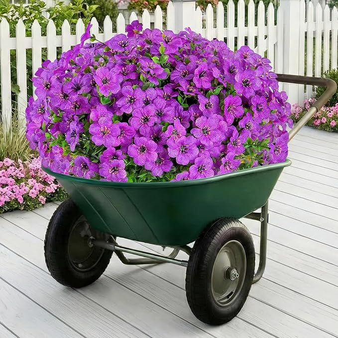 Artificial Flowers Fake Plants for Outdoors Spring Decoration, 13Bundles Silk Realistic UV Resistant Faux Flowers for Outside Planter Porch Yard Patio Garden Home Indoor, Purple