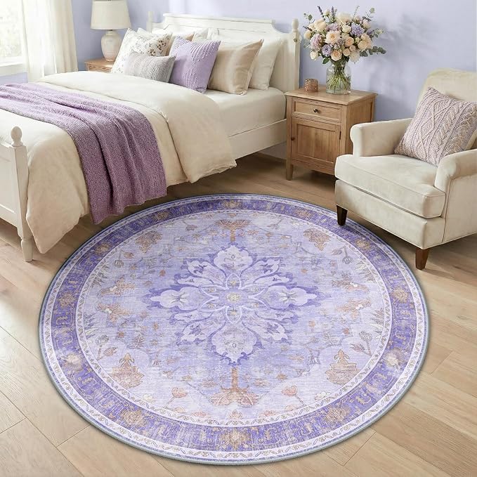 RELEANY Area Rugs Round 5ft Washable Non-Slip, Floral Vintage Distress Print Pattern Medallion Carpet for Living Room Bedroom Dining Room, Light Purple Brown