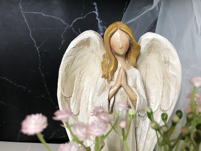 Hodao Praying Angel Figurine Resin Guardian Angel Statue for Home Decor, Elegant White Blessing Sculpture for Shelf Table Mantel, Keepsake Gift for Mom, Women and Family