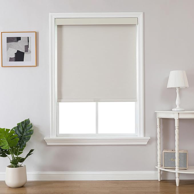 Joydeco 100% Blackout Roller Shades (Pro), Free-Stop Cordless Blinds for Windows, UV Protection, Natural Woven Blinds for Home and Office, Light-Proof Aluminum Cover (Beige, 55" W x 75" H)