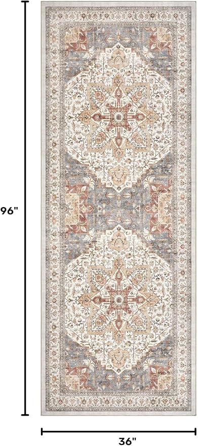 Tortania Area Rug 3x8 Runner Rugs - Washable Vintage Oriental Farmhouse Thin Indoor Carpet for Living Room Bedroom Hallway Entryway Kitchen Under Dining Table Home Office - Orange Multi