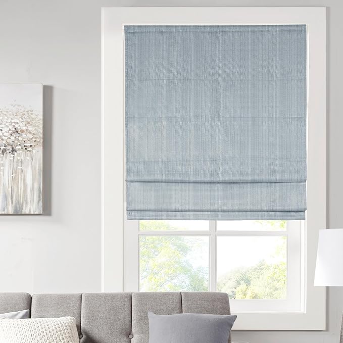 Madison Park Galen Cordless Roman Shade, 33"W x 64"H, Sheen Blue – Room Darkening, Thermal Insulated, Energy Efficient Window Blind with Subtle Sheen Basketweave Fabric for Privacy