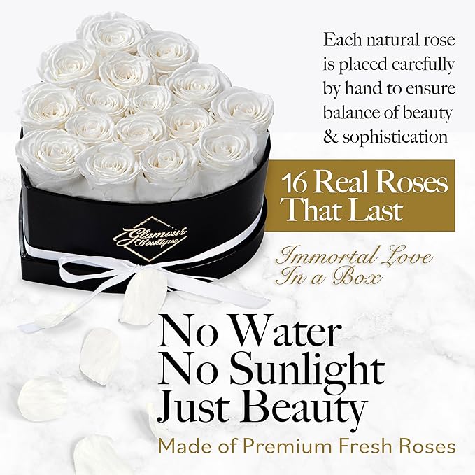 GLAMOUR BOUTIQUE 16 Flower Forever Heart Shape Box, Eternal Preserved Roses Gift for Her, Lasting Flowers, Romantic Floral Keepsake for Birthday, Anniversary or Valentine’s Day, White (Color-Treated)