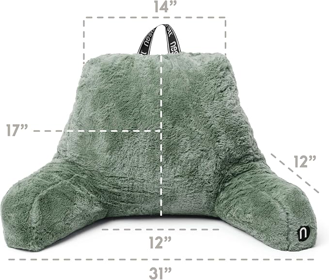 Nestl Fur Reading Pillow with Laptop Lap Desk, Stylish Back Pillow for Sitting Up, Lap Desk with Reading Pillows for Sitting in Bed Adult & Kids, Faux Fur Chair Pillow with Arms - Sage Green