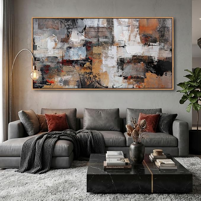 Abstract Canvas Wall Art - Modern Minimalist Wall Painting - Brown Decorations - Framed Wall Art for Bedroom, Office - Artwork Wall Decor - Brown Bedroom Wall Decor Above BedAbstract Canvas Wall Art 24×48IN