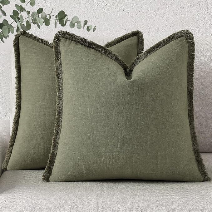 decorUhome Summer Decorative Neutral Linen Fringe Euro Sham Throw Pillow Covers Set of 2 Olive Green Pillow Covers with Tassels Soft Farmhouse Boho Accent Pillow Cases for Couch Bed Sofa 26x26 Inch
