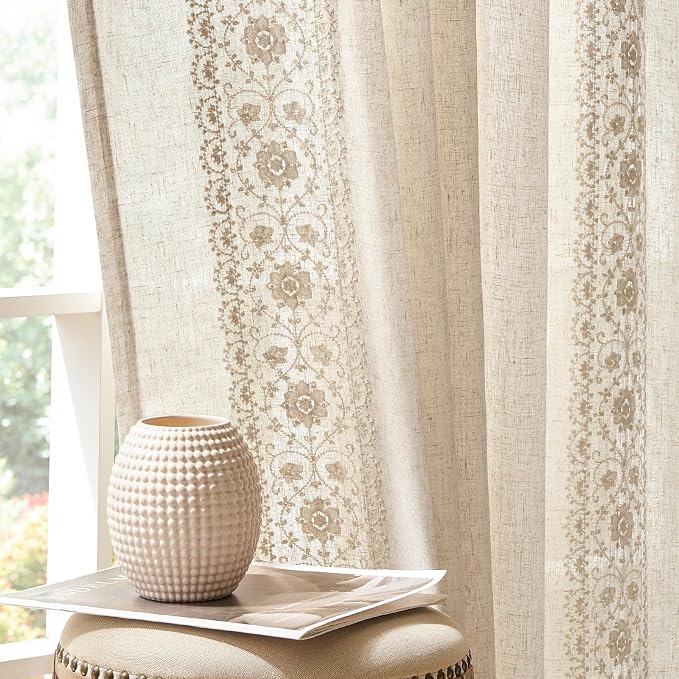 jinchan Weslie Boho Curtains for Bedroom Ivory Vintage Floral Farmhouse Curtains 90 Inches Long Linen Drapes for Living Room Embroidered Light Filtering Drapes Rod Pocket Ivory on Beige 2 Panels