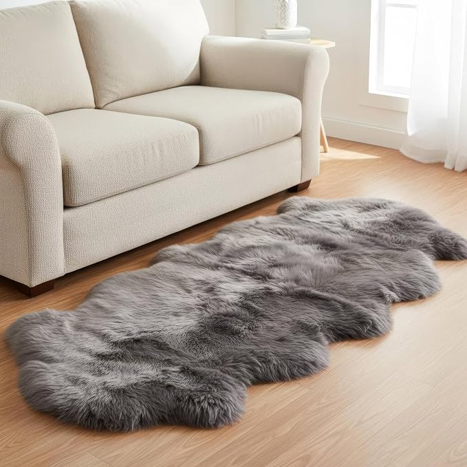 Premium Gray Sheepskin Rug Genuine Fur Bedside Runner 2x6ft - Great for Soothing Feet - Ethically Sourced Sheep Fur Rugs - Sheepskins Wool Runner