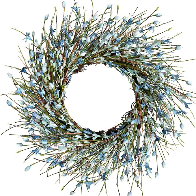 Bibelot 20inch Artificial Forsythia Flower Wreath, All Year Around Wreath for Front Door, Wedding Window Home Wall Indoor Front Door Decor (Blue, 20in)