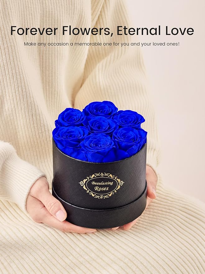 Beaulasting Long Lasting Preserved Roses in a Box Last a Year Forever Flowers for Her Mom Wife Anniversary Birthday (Round Black Box, Royal Blue)