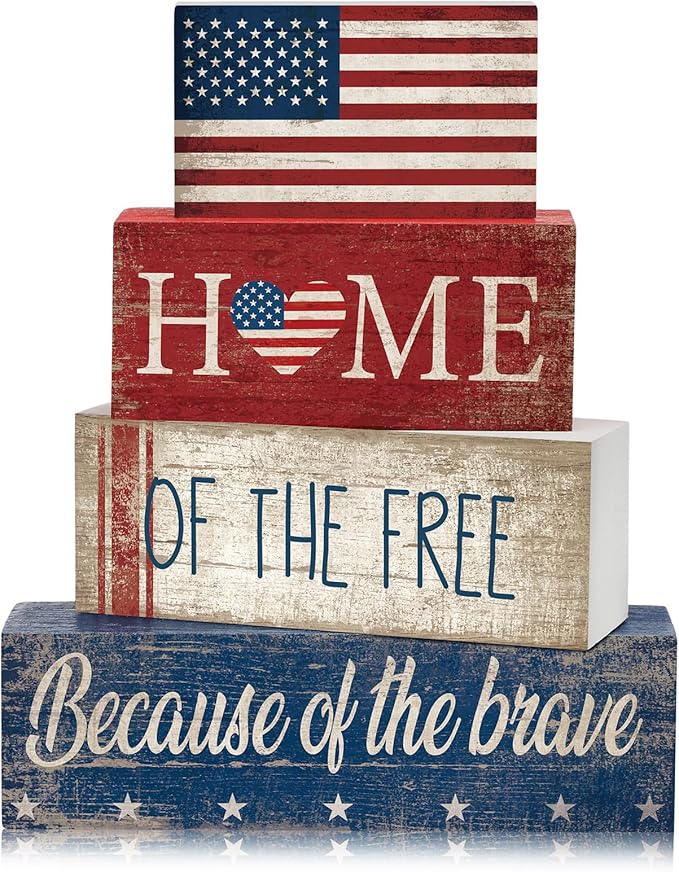 CroBlissful 4 Pcs 4th of July Decorations Patriotic Memorial Day Tabletop Decorations Red White Blue Table Centerpieces Sign for Office Tiered Tray Home Shelf 250th Anniversary(Flag)