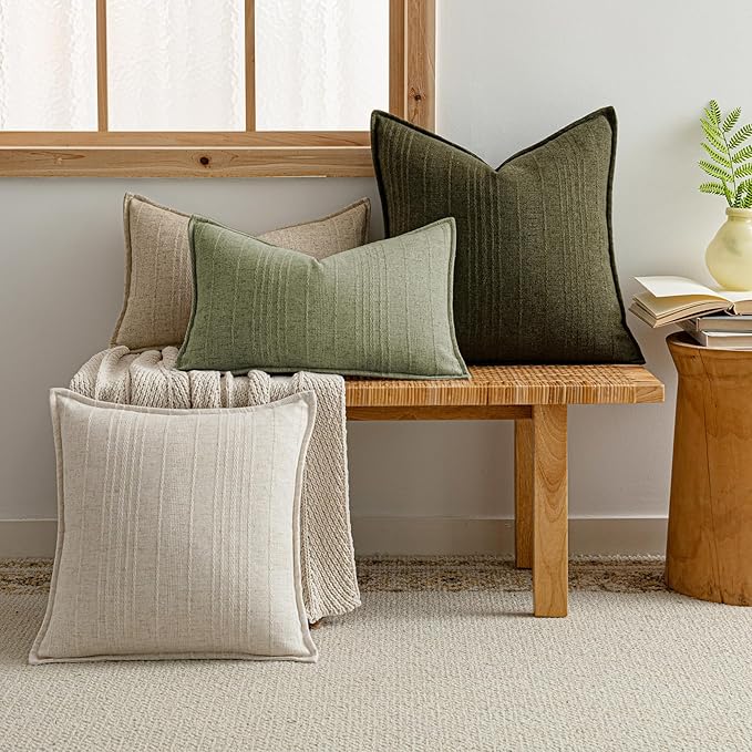 a moment Linen Pillow Covers Set of 2,Boho Farmhouse Throw Pillowcases Neutral Textured Decorative Covers for Couch Sofa,Linen Blend Accent Case Cushion Living Room Home Decor 26"x26"Seeding Green