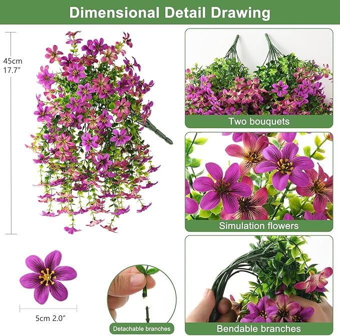 INQCMY Artificial Flowers for Outdoor Faux Hanging Plants Spring Outside Decoration,2Bundles Fake Silk Flowers Realistic Outdoor Flowers No Fade UV Resistant Porch Patio Window Yard Balcony Decor