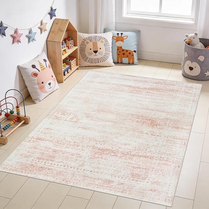 Srugn Washable Rugs 5x7 Area Rugs for Living Room,Bedroom,Dining Room- Ultra Soft Faux Wool Nursery Rug for Baby Girl,Neutral Light Pink Low Pile Vintage Carpets for Dorm Kids Playroom,Non Slip