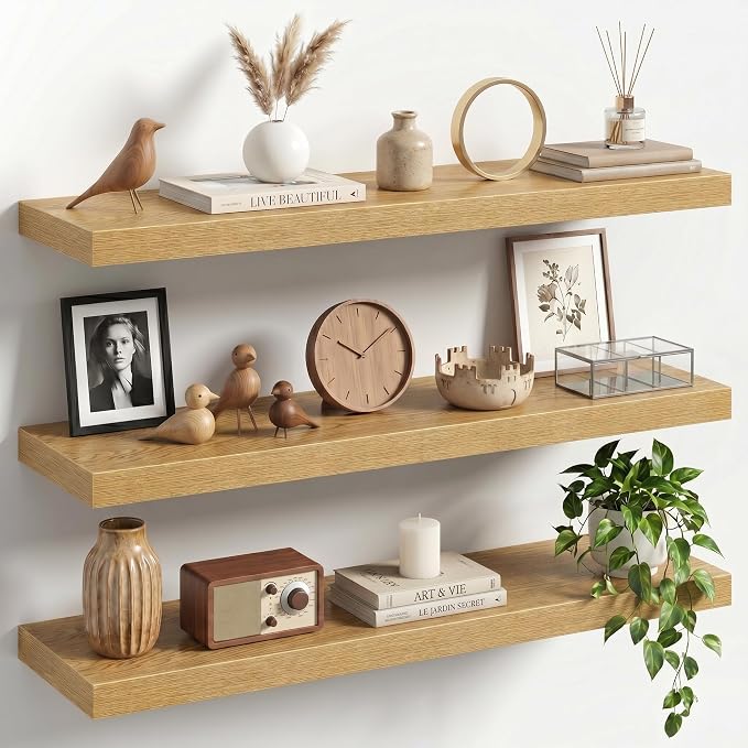 30" Floating Shelves for Wall, Set of 3, 8" Deep, 1.5" Thick, Oak Finish | Rustic Wood Wall Shelves with Invisible Brackets, Storage and Display for Bathroom, Bedroom, Living Room or Kitchen