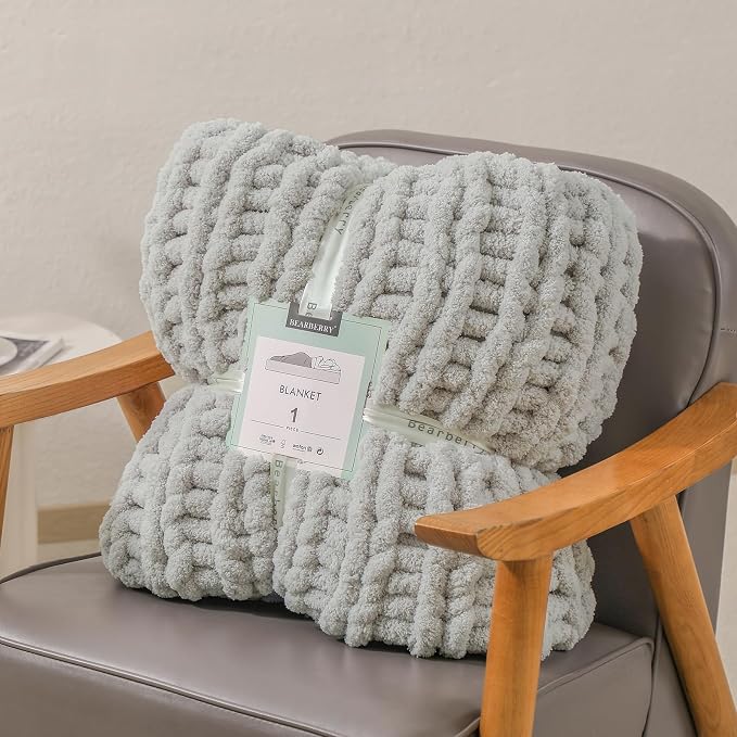 bearberry Chunky Knit Throw Blanket 50x60 Inches Handmade, Soft Jumbo Chenille Yarn with Cable Rope Knot Design | Thick Cozy Large Blanket for Couch, Sofa, Bed & Living Room Home Decor | Light Grey