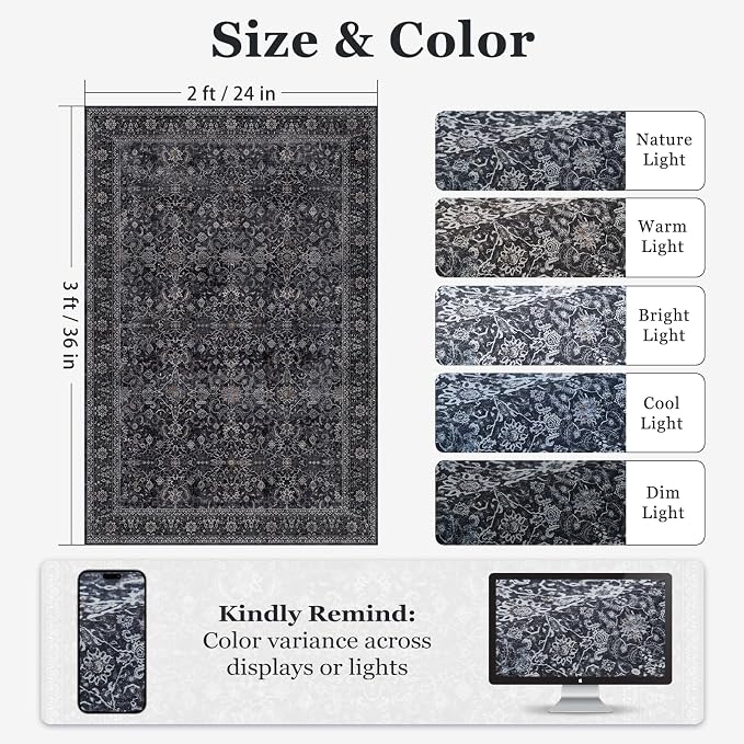 Dark Entryway Rug 2x3, Kitchen Rugs Non Slip Washable, Low Pile Ultra Thin Door Mat Indoor Entrance, Small Carpet for Bedroom Bathroom, Vintage Farmhouse Earth Tone Midnight
