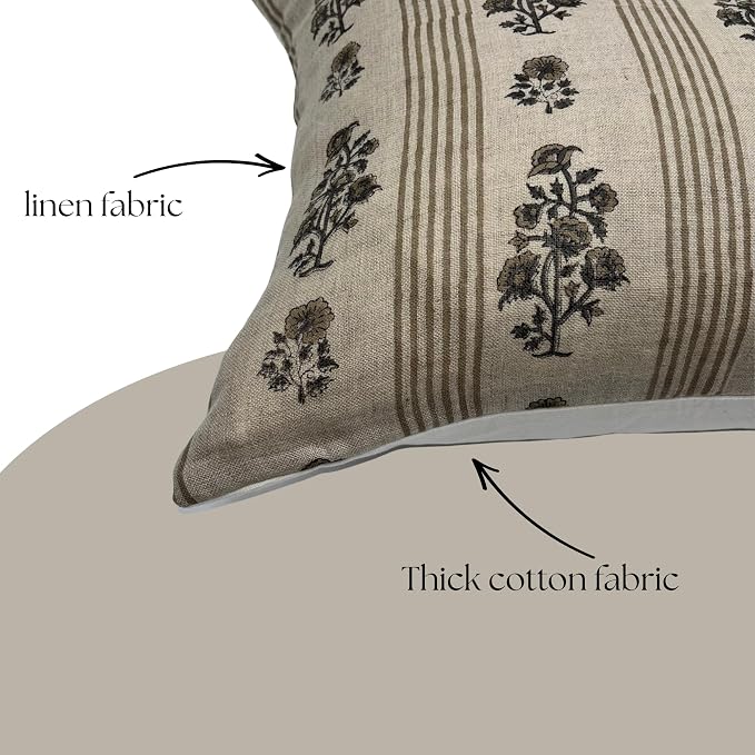 Linen Throw Pillow Covers 20x20 inch Floral Pillows Stripe Spring Decorative Pillow Covers for Living Room, Bedroom
