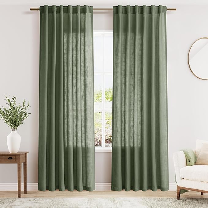 Olive Green Linen Blend Drapes 84 Inch Length 2 Panels Set Back Tab Rod Pocket Light Filtering Privacy Semi Sheer Textured Curtains Boho Farmhouse Decor Curtains for Living Room Bedroom 40x84