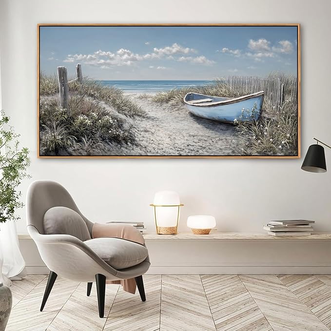 Coastal Wall Art for Living Room Vintage Boat Artwork for Walls, Framed Landscape Canvas Wall Art Blue Ocean Beach Pictures, Farmhouse Sailboat Bedroom Decor Above Bed 29×58IN