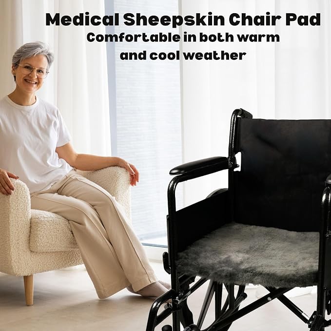 Natural Sheepskin for Bed Sores and Skin Irritation | 100% Real Medical Sheepskins with Non-Slip Back for Pain Relief and Discomfort, Wool Seat Pad, Charcoal Grey, 17 in. x 17 in.