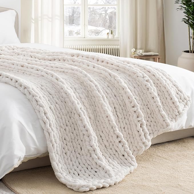 Chunky Knit Throw Blanket 60x80, 100% Handmade Chenille Yarn | 6.7lbs Soft Thick Cable Knitted Blankets, Large Rope Knot Crochet Throws for Couch Sofa Bed Machine Washable, Cream White