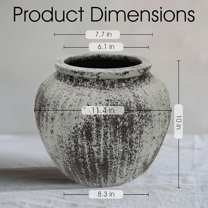 Oakrain Large Rustic Vase, 11" Distressed Round Floor Vase for Home Decor, Farmhouse Centerpieces Planters for Living Room Indoor Outdoor Use, Gray