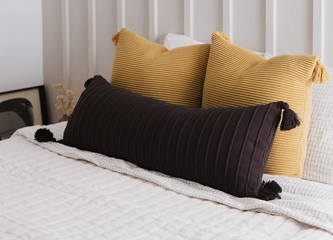 Long Knit Lumbar Pillow Cover – 14x36 Soft Ribbed Cotton with Tassels, Sleek Decorative Accent for Modern, Moody Spaces (Black)