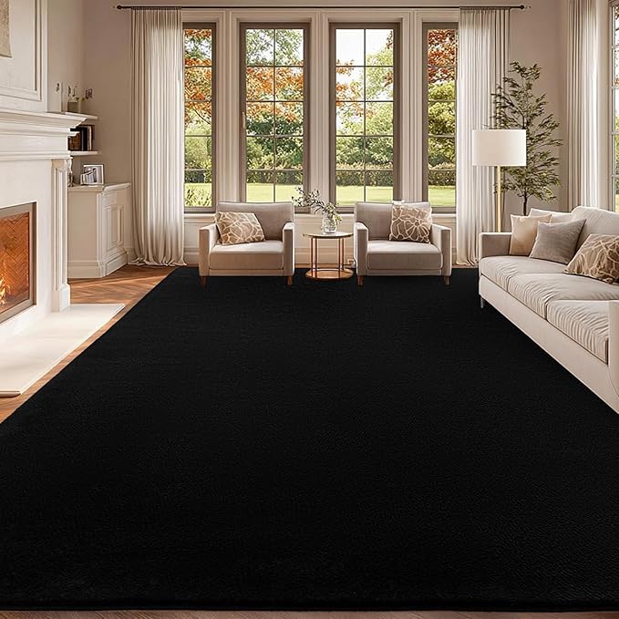 qulint Black Rug for Living Room, 8x10 Washable Rug for Bedroom with Thickened Memory-Foam, Modern Minimalist Large Carpet Solid Comfy Non Slip Carpet for College Dorm Dining Room Classroom Home Decor
