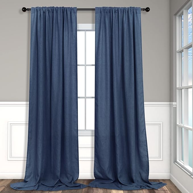 Pitalk 102 Inch Curtains Navy Blue Linen Drape for Bedroom 2 Panel Back Tab Loop Pocket Cotton Textured Semi Sheer Lightweight Dark Blue Indigo Curtain for Living Room Bay Window Nautical Decor 52x102