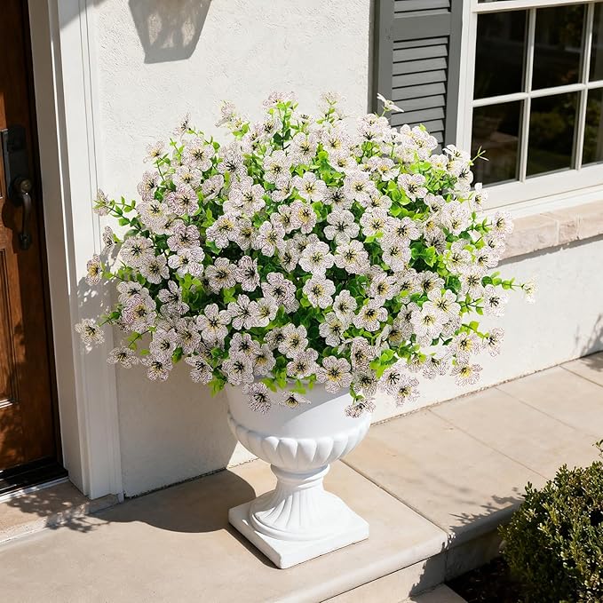 Ouddy Decor 12 Bundles Artificial Flowers for Outdoors Fake Silk Flowers UV Resistant Faux Plastic Plants for Spring Summer Garden Porch Window Box Table Vase Home Indoor Outdoor Decoration, White