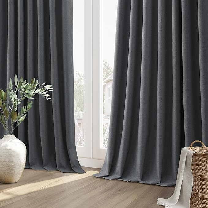 Guken 100% Blackout Curtains 90 Inch Length 2 Panels Set for Living Room Bedroom Back Tab Thermal Insulated Black Out Linen Drapes Room Darkening Blazer Grey,52x90