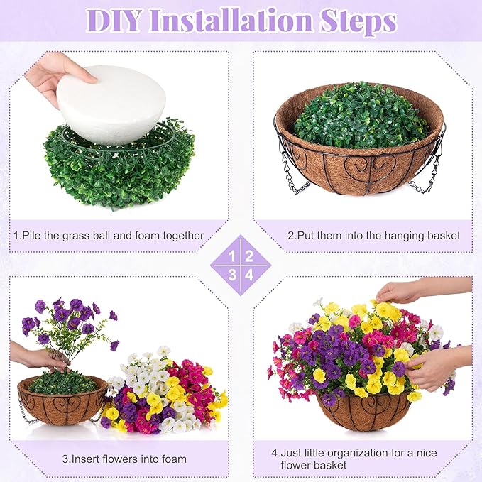 Artificial Fake Hanging Flowers with Basket for Outdoors, Faux Petunias Flowers Fake Hanging Plants with Eucalyptus Realistic UV Resistant for Outside Patio Garden Porch Balcony Yard Decor(4 Colors)