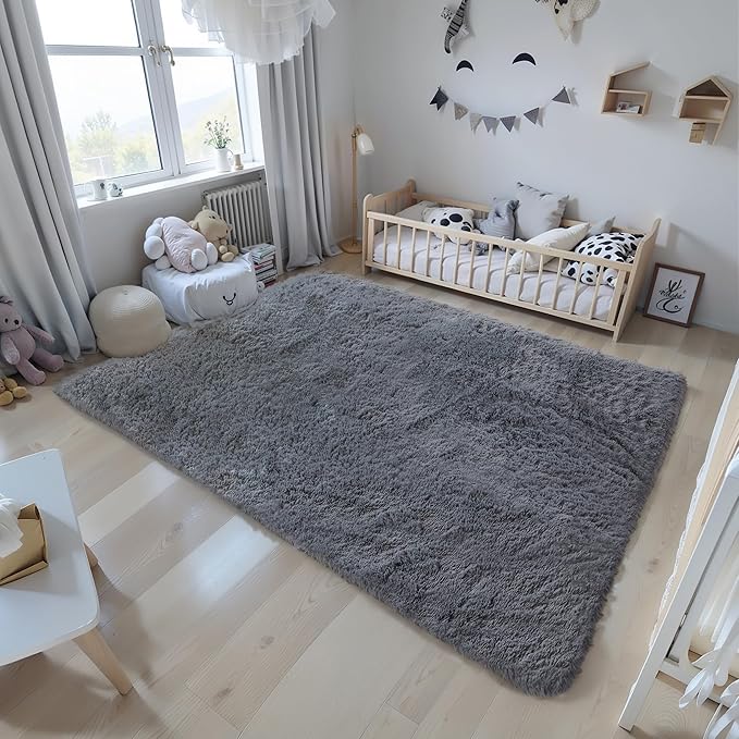 KICHOWUA 4x6 Grey Fluffy Shag Rug for Bedroom, Soft Plush Fuzzy Washable Non Slip Carpet for Living Room, Gray Modern Floor Cozy Furry Shaggy Throw Area Rugs for Kids Boys Baby Nursery Dorm Room