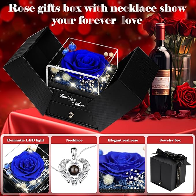 FIACO Gifts for Mom Preserved Real Roses with I Love You Necklace Fresh Forever Flowers Mothers Day Flower Gifts for Women Grandma Anniversary Birthday Gift for Girlfriend Wife Daughter