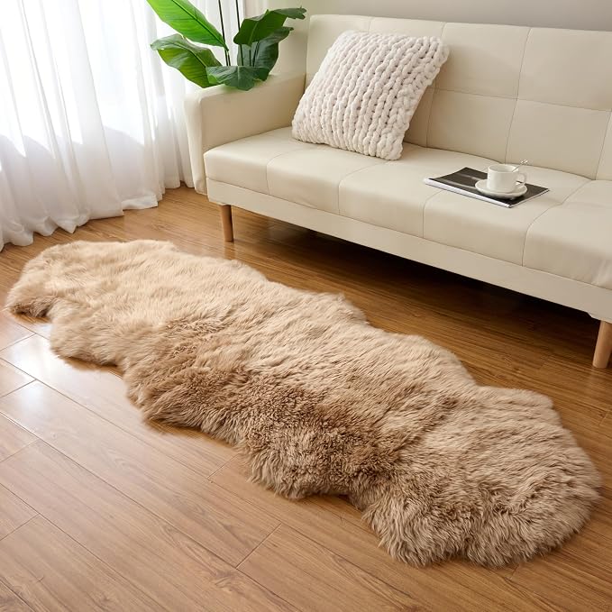 Premium Genuine Sheepskin Area Ruge - Real Wool Fur Shaggy Carpet | Fluffy Soft Natural Lambskin Rug Seat Chair Covers for Couch Sofa Bedroom Living Room(Tan,2×6 Feet Sheepskin)