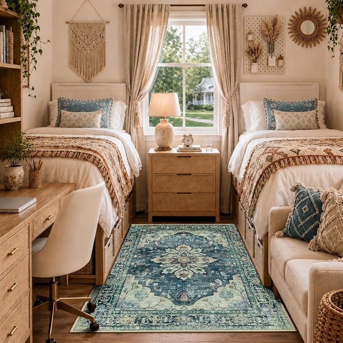 RELEANY Area Rugs 4'x6' Washable Non-Slip, Floral Vintage Distress Medallion Carpet for Living Room Bedroom Dining Room, Dark Blue Vintage
