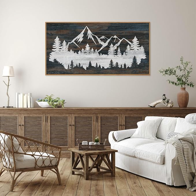 Rantodecor Vintage Mountain Framed Canvas Wall Art, White Snowy Nature Landscape Wall Decor, Rustic Wilderness Forest Art Paintings, Modern Farmhouse Artwork for Bedroom Living Room Office 40"x20"