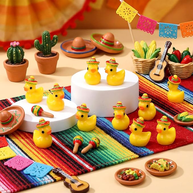 Halloscume 50 Pcs Mini Resin Mexican Ducks Decoration Tiny Duck Miniature with Mexican Hat Small Resin Animals Figures Landscape Decor for Home Office Car Decor Festive Gift