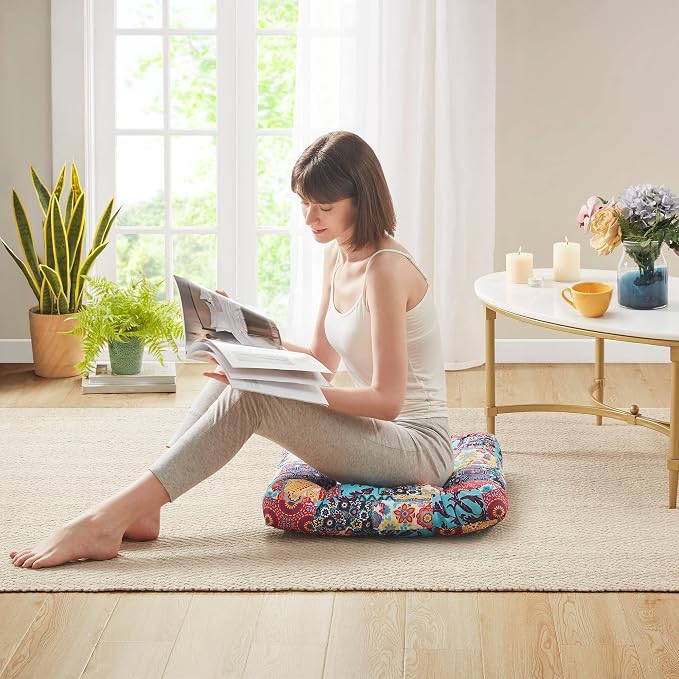 Codi Floor Cushions Seating for Adults and Teens Set of 2, Square Large Boho Pillows for Yoga Living Room Tatami Sitting Home Decor, Memory Foam Added, 22x22 Inch Multi Patchwork
