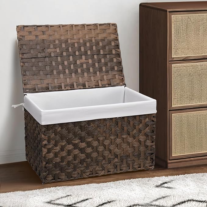 Wicker Storage Basket with Lid, 52.8 Gallon (200L) Large Blanket Basket with Lid, Woven Storage Bin with Handles, Removable Liner, Metal Frame, Foldable, for Bedroom, Laundry Room, Brown