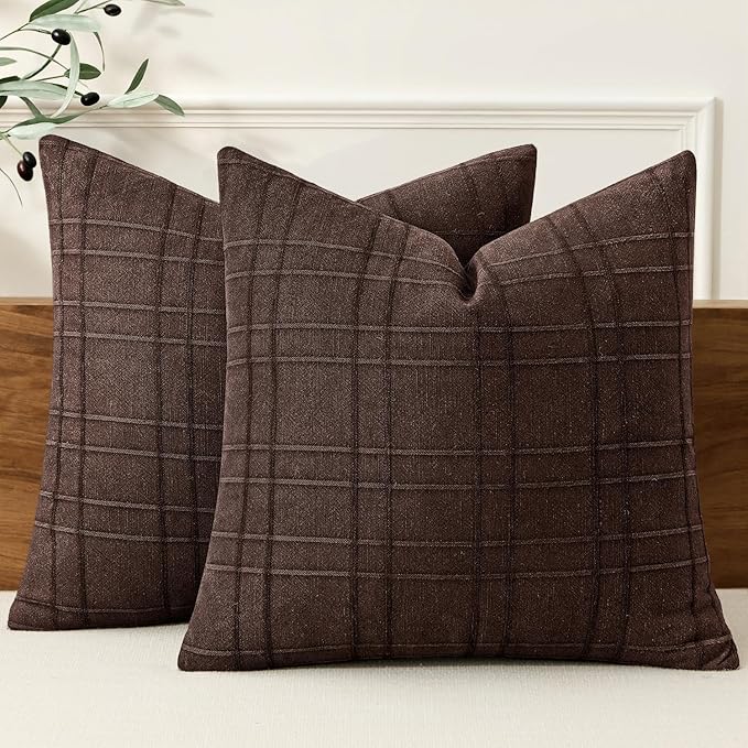 MIULEE Decorative Linen Check Throw Pillow Covers Neutral Farmhouse Vintage Pillow Covers 18x18 Set of 2 Boho Modern Winter Home Decor for Sofa Couch Bedroom Cushion Dark Brown