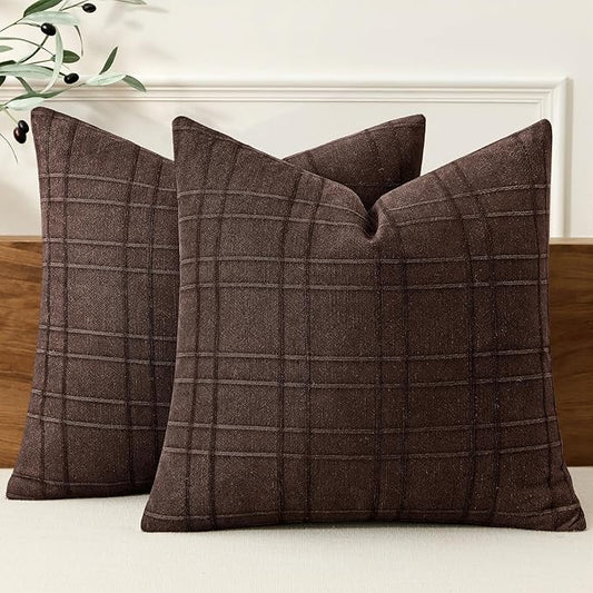 MIULEE Decorative Linen Check Throw Pillow Covers Neutral Farmhouse Vintage Pillow Covers 18x18 Set of 2 Boho Modern Winter Home Decor for Sofa Couch Bedroom Cushion Dark Brown