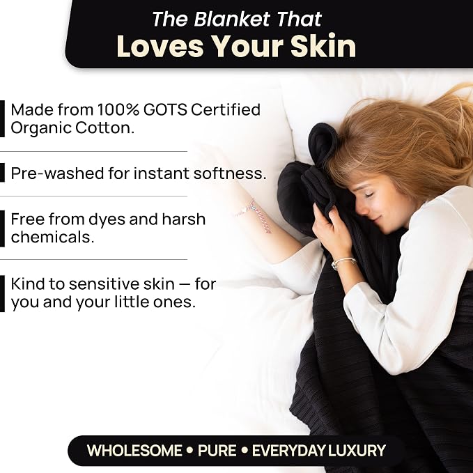 100% Organic Cotton Knit Blanket Denise -Soft and Lightweight, Breathable All-Season Throw for Bed, Sofa, or Lounge Area -GOTS Certified-Perfect for Home and Bedroom Styling (Black, 60x80)